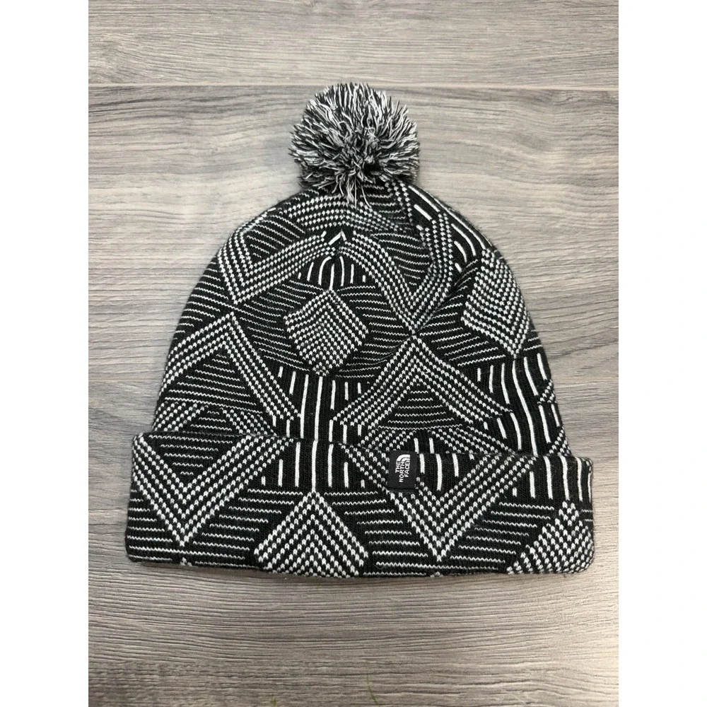 The North Face Pom Beanie Black White One Size Stretch Winter Warm Women's Snow